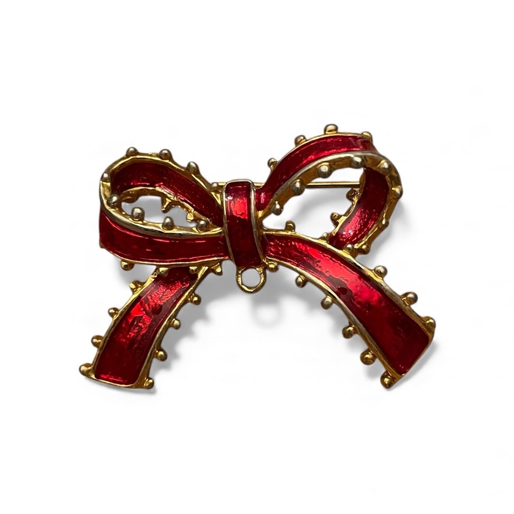 Vintage CHRISTMAS BOW BROOCH Pin Red Enamel Gold Tone Festive